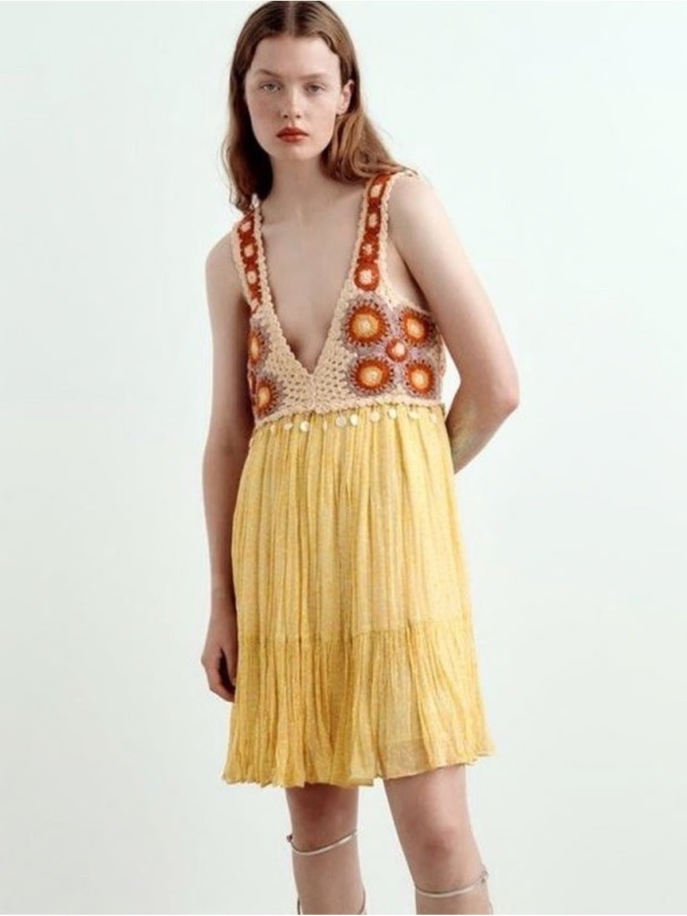 Zara Yellow Crochet Bodice Tiered Dress